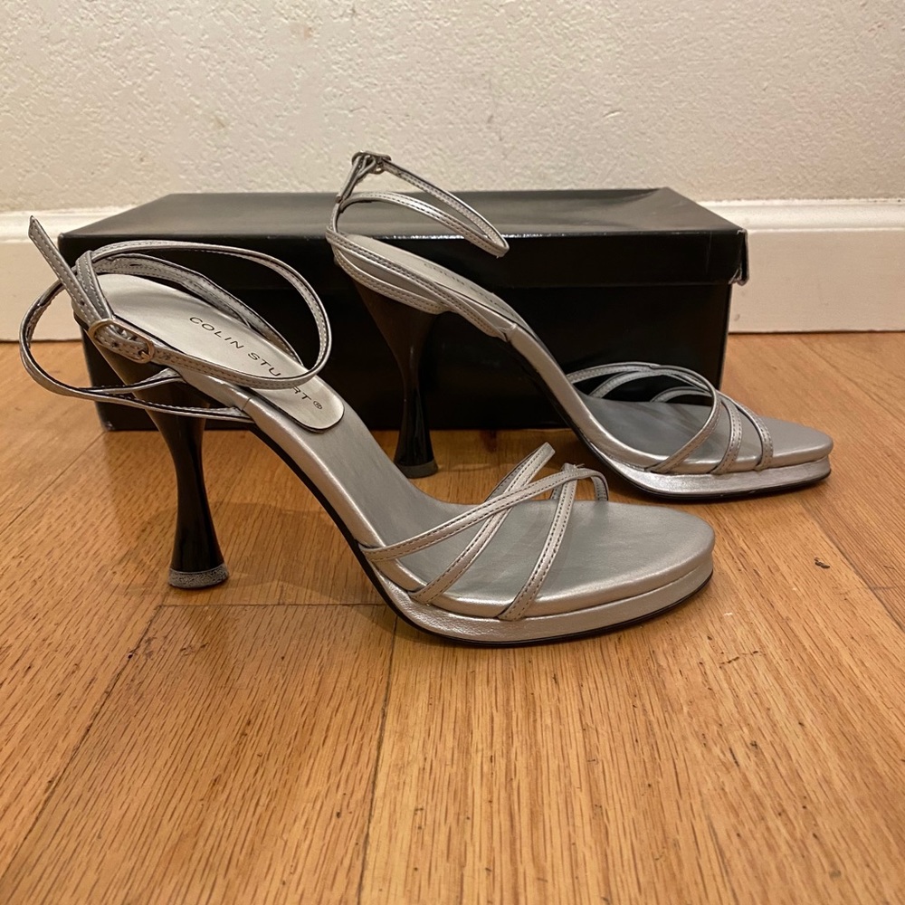Silver strappy ankle wrap heels Size 6 Never Worn